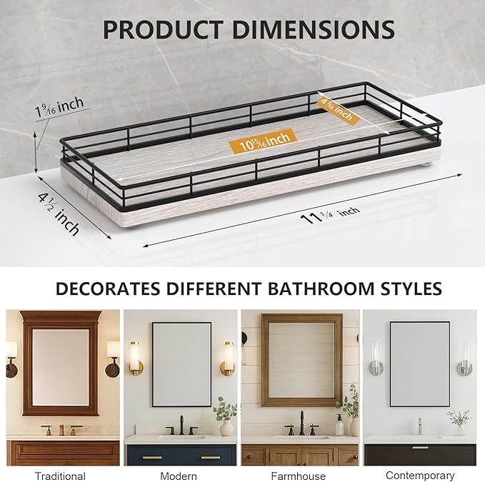 Bathroom Tray for Counter Top Organizer – Ash Wood Vanity Tray with Metal Frame for Dresser, Kitchen, Nightstand – Black & Whitewashed Decorative Storage
