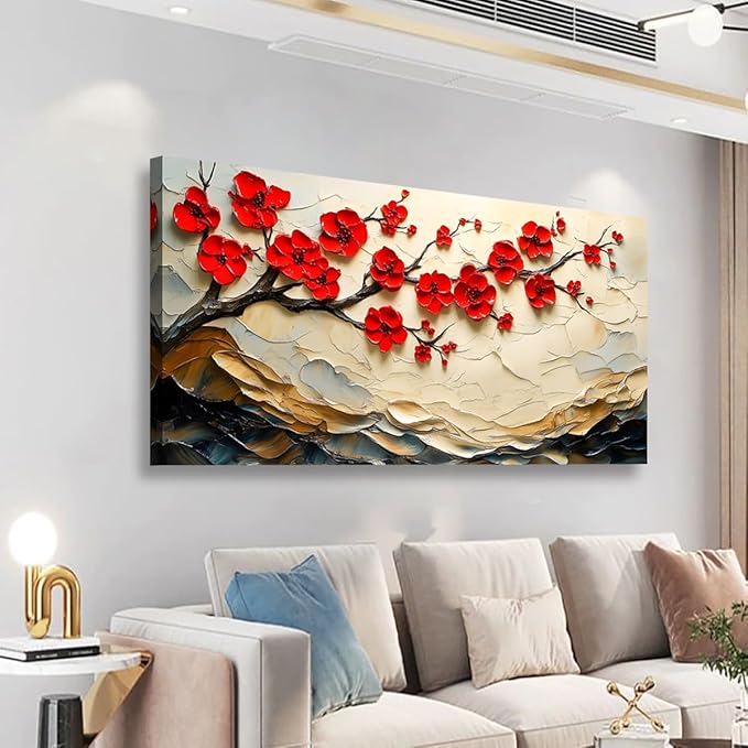 Tree of Life Pictures Canvas Wall Art for Living room Office Bedroom Red Flower Tree Wall Decor,Yellow Abstract Wall Art Print Paintings Modern Plum Blossom Mountain Artwork Ready to Hang-20x40inch