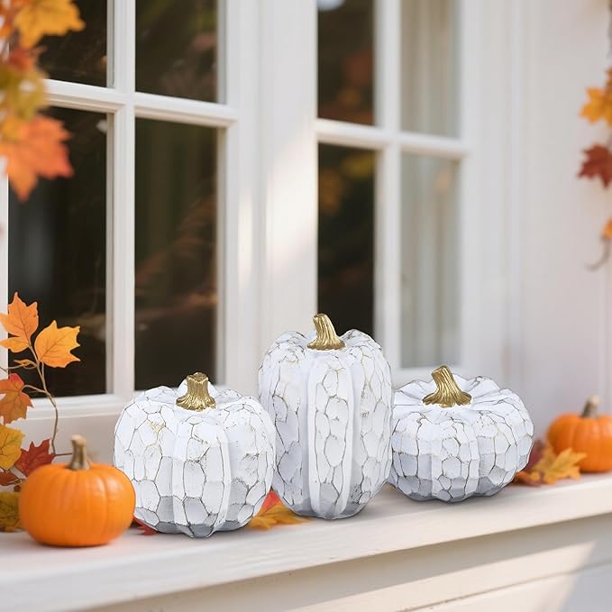 winemana Pumpkins Fall Decorations for Home- Set of 3 Elegant White Pumpkin Resin Thanksgiving Centerpiece for Table, Mantel, Porch & Indoor, Textured Neutral Farmhouse Autumn Harvest Decor (White)