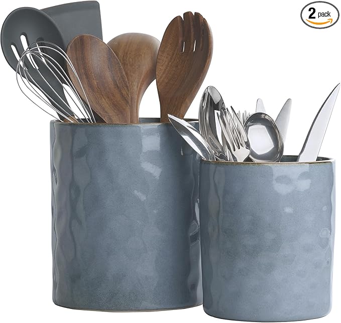 famiware Ocean Utensil Holder, 7.2"+5.8" Ceramic Kitchen Utensil Holder for Countertop, 2 Pieces Cooking Utensil Crocks, Utensil Organizer for Spatula & Spoon, Kitchen Decor, Set of 2, Blue