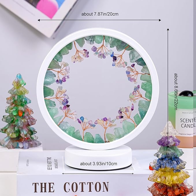 Runyangshi Natural Crystal Green Fluorite Small Tree Round White Frame Tri-Color Ambient Light Home Decoration Night Light Mother's Day Gift