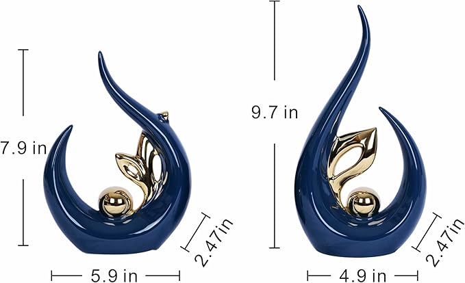 2 PCS Navy Blue and Gold Mid Century Modern Ceramic Statue Sculpture - Home Decor for Living Room, Kitchen, Coffee and Dining Table Centerpieces