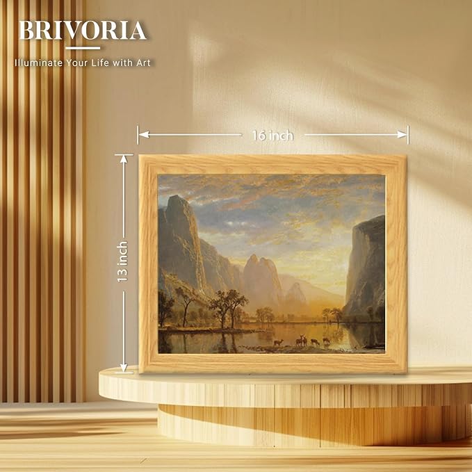 Brivoria Framed Canvas Wall Art Vintage Decor, Majestic Autumn Valley Landscape with Golden Cliffs, Sunset Sky, Reflective Lake and Deer Herd for Dining Room Hallway Office or Nature Display, 13"x16"
