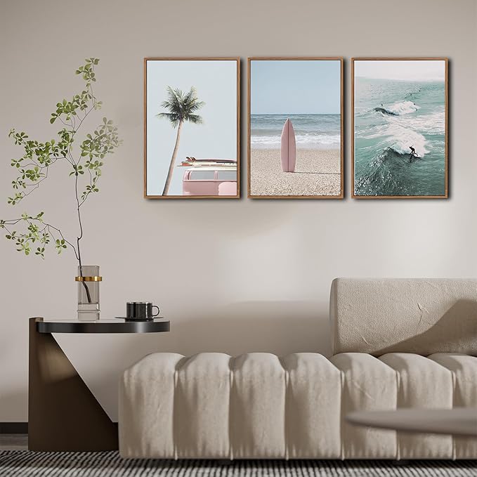 CHDITB Ocean Beach Framed Canvas Wall Art Set, Coastal Surfboard Wall Decor,Summer Coconut Tree Sea Wall Painting, Modern Surfing Art Prints for Living Room, Bedroom, Office- Large Size 24"x36"x3