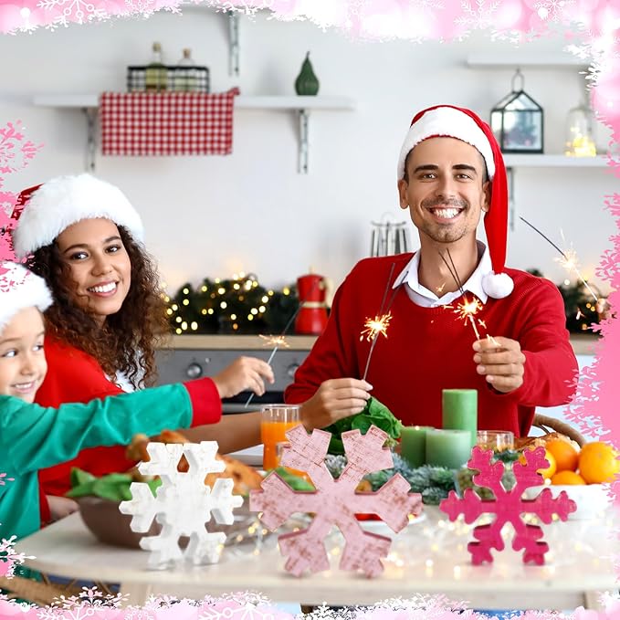 Bucherry 3 Pcs Winter Wooden Snowflake Decor Rustic Winter Snowflake Table Signs Wonderland Wood Blocks Farmhouse Christmas Tiered Tray Decorations for Xmas Table Shelf(Pink, Rose Red, White)