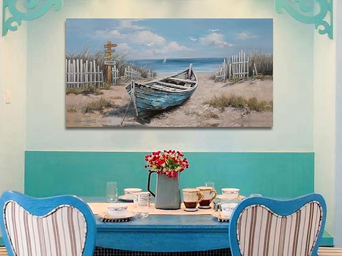 Ardemy Blue Coastal Canvas Wall Art for Living Room Textured Beach Painting Turquoise Teal Bedroom Picture Modern Boat Artwork Framed Home Office Kitchen Wall Decor, Large 48"x24"