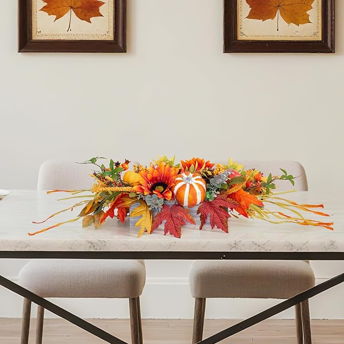 Fall Centerpieces for Tables – 28" Autumn Thanksgiving Table Decoration with Sunflowers, Pumpkins, Apples & Maple Leaves – Rustic Fall Table Decor for Home, Kitchen, Fireplace, Dining Table
