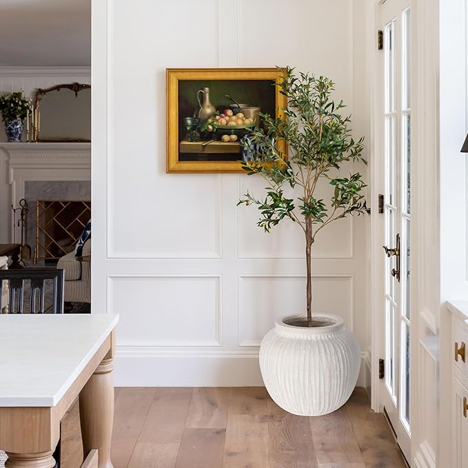 Oakrain Large Rustic Minimalist Vase, 11" Distressed Round Floor Vase for Home Decor, Farmhouse Decorative Centerpieces for Living Room Bedroom, Vintage White