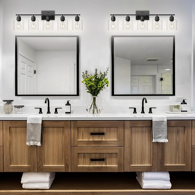 5 Light Bathroom Vanity Light, Bathroom Light Fixtures Black with Clear Glass,30 inch Vanity Lights for Mirror Living Room Bedroom Hallway E26 Base