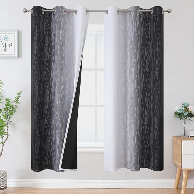 Estelar Textiler Full Room Darkening Blackout Curtains 72 Inch Length 2 Panels Set, Ombre Greyish White and Black Thermal Insulated Full Light Blocking Grommet Blackout Drapes for Bedroom, 42Wx72L