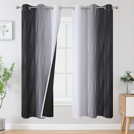 Estelar Textiler Full Room Darkening Blackout Curtains 72 Inch Length 2 Panels Set, Ombre Greyish White and Black Thermal Insulated Full Light Blocking Grommet Blackout Drapes for Bedroom, 42Wx72L