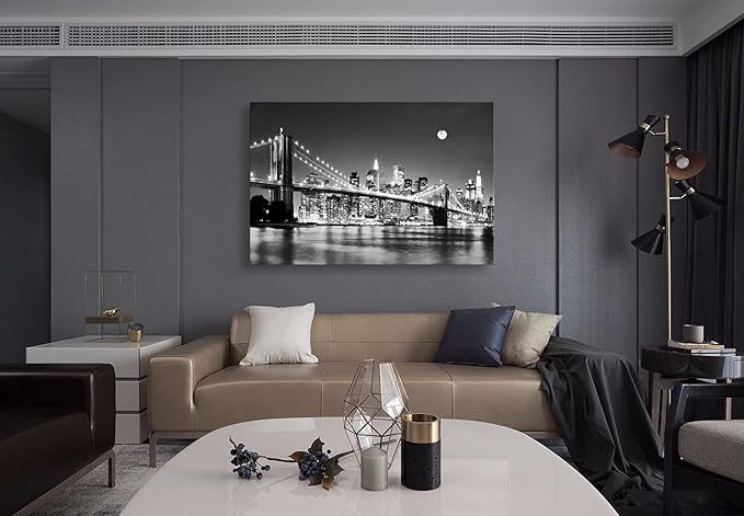 Baisuart-Q30369 Brooklyn Bridge Night View 1 Panels Landscape Artwork Canvas Prints Moon Night New York City Scene Picture Paintings Black and white Wall Art for Oiffce Home Decorations Wall Decor
