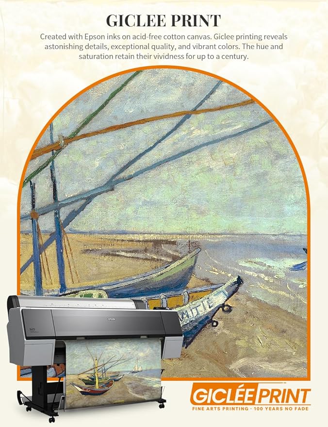 DECORARTS - Boats At Saintes Maire by Vincent Van Gogh Art Reproduction. Oversize Solid Wooden Frame Matching with Giclee Prints Canvas Wall Art. Total framed size: 43x35