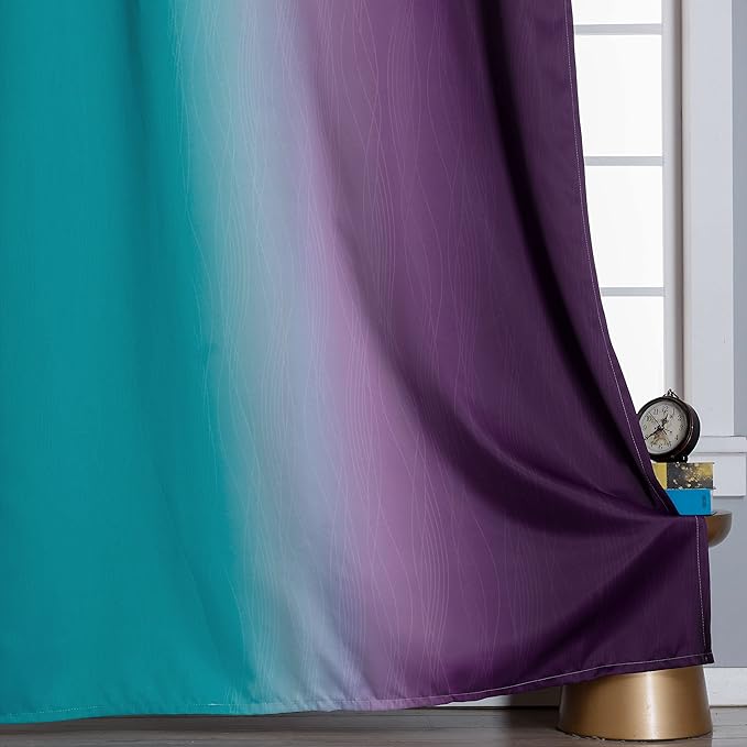 Estelar Textiler Teal and Purple Ombre Blackout Curtains 96 Inches Long 2 Panels for Living Room, Grommet Thermal Insulated Gradient Drapes, Full Light Blocking Curtains for Bedroom, 42x96 Inch