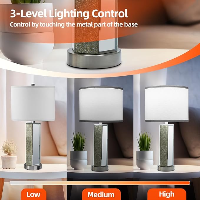 Touch Control Table Lamps Set of 2, Modern Silver Mirror Bedside Lamp with 2 USB Ports, 3-Way Dimmable Real Marble Gold Nightstand Lamp for Living Room, Bedroom Home Office Hotel Bar