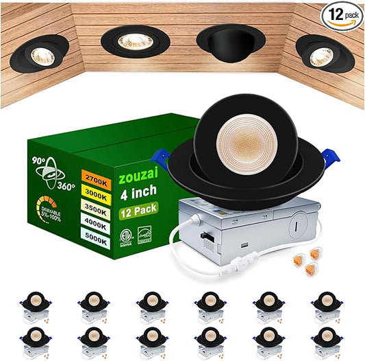 zouzai Second Generation 5CCT LED Gimbal Led Recessed Light with Junction Box, 360°+90° Adjustable Directional Eyeball Lighting, Dimmable, 2700K-5000K,ETL&Energy Star (Black 12 Pack, 4 inch)