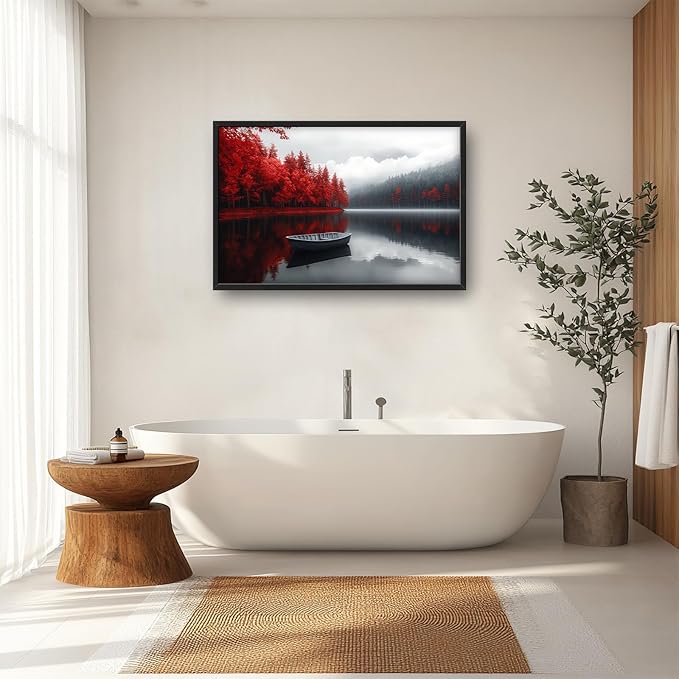 Olivine Lake Large Wall Art, Red Forest Pictures Wall Decor, Black And White Landscape Paintings, Boat Canvas Prints, Framed Artwork for Dining Room Bedroom Living Room Office Bathroom Home 36"x24"