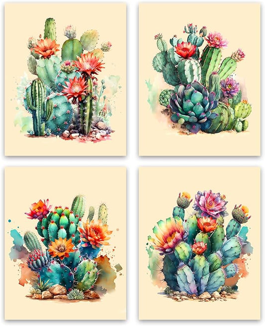 Mexican Cactus Canvas Wall Art,Mexican Cactus Posters,Cactus Wall Art Succulent Bathroom Decor Watercolor Green Plants Canvas Prints for Room Office Home Decor Set of 4 (8"x10"Unframed)