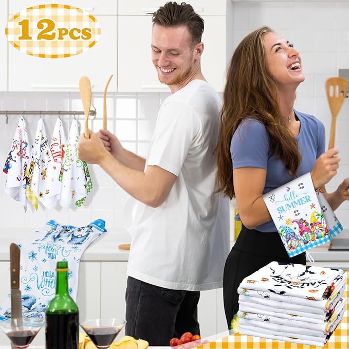 12 Pcs Seasonal Kitchen Towels Set for All Holidays Hand Dish Tea Towels Fall Halloween Christmas Cute Drying Dishcloths Decorative Absorbent Wash Cloths(Gnome Style,Bright Color)