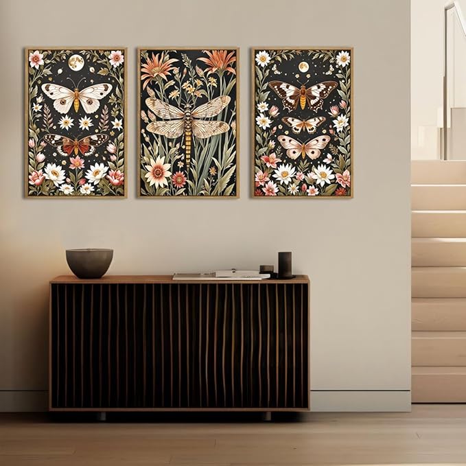 ANHUIB William Morris Wall Art 16x24 Inch Vintage Floral Wall Decor Framed Butterfly Dragonfly Prints Nature Botanical Animal Artwork Set of 3 for Living Room Bedroom Office