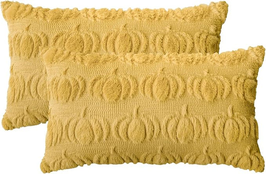 AVOIN colorlife Fall Pumpkin Ginger Throw Pillow Covers, 12 x 20 Inch Seasonal Autumn Thanksgiving Harvest Decoration Soft Plush Faux Fur Jacquard Cushion Case Decoration for Sofa Couch Set of 2