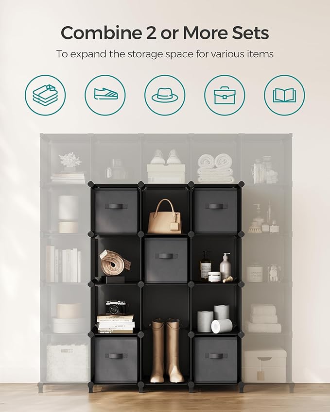 SONGMICS Cube Storage Organizer with Storage Boxes, Set of 16-Cube Organizer, 16 Collapsible Non-Woven Fabric Bins, Customizable, Bedroom, Living Room, Ink Black and Dove Gray ULPC162B01