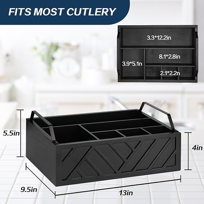 Paper Plate Dispenser and Holder for Kitchen Counter, Wood Rustic Silverware Utensil Caddy, Cutlery Flatware Organizer Box for Cups Spoons Forks Napkins, Kitchen Accessories (Black)