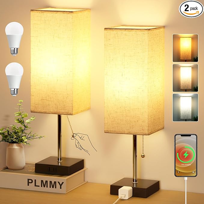 Table Lamp for Bedroom Set of 2, Bedside Lamps with 3 Color Temperatures Night Light, Lamp for Night Stands with AC Outlet and Square Shade, Pull Chain Small Desk Lamp for Living Room Home Decor