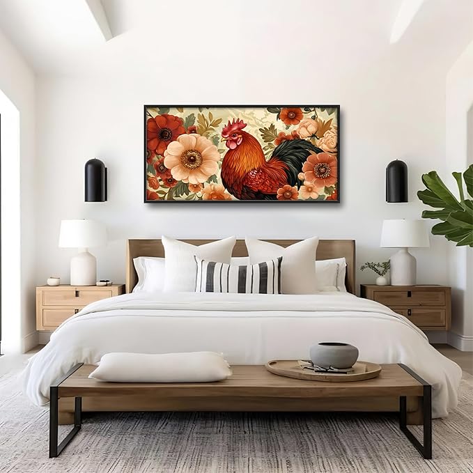 Lovira Farmhouse Rooster Large Wall Art Rustic Country Farm Chicken Floral Canvas Wall Decor Pictures Prints Painting Framed Artwork for Living Room Bedroom Bathroom Kitchen 30"x60"