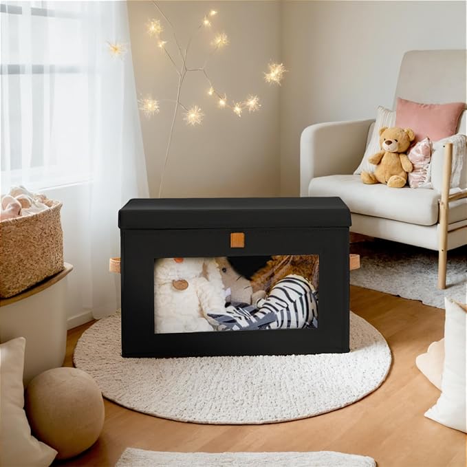 Collapsible Storage Bins - Large Stackable Organizer Bins, Decorative Boxes with Handles & Window, Fabric Containers for Living Room, Closet, Dorm, 2 Pack, Black