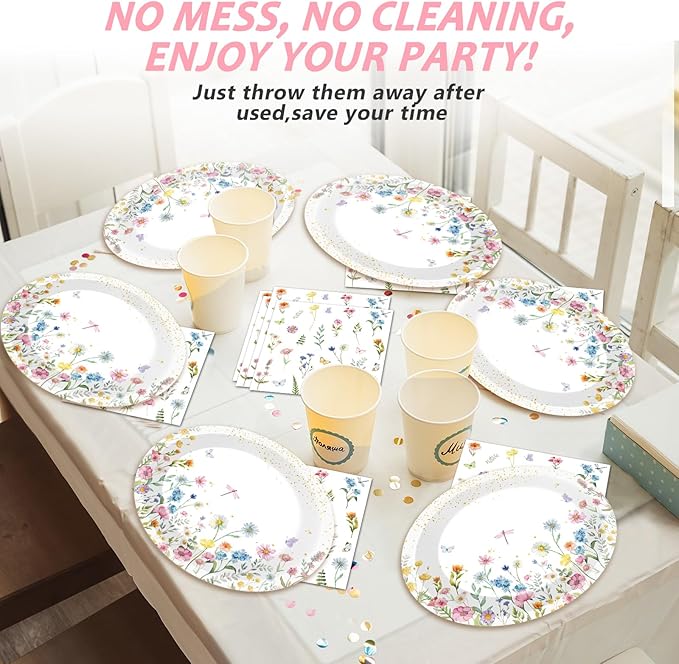Wildflower Oval Plates and Napkins Floral Paper Platters Disposable Flower Party Tableware Decor Heavy Duty Dish Tray for Holiday Picnic Wedding Bridal Baby Shower Party Celebration,25 Guest