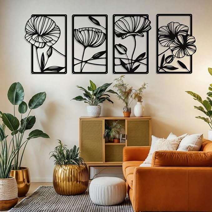 Ouqiesli Metal Flowers Wall Art Set of 4, Black Framed Floral Decor for Living Room, Bedroom, Bathroom, Hallway, Minimalist Home Decor - 15.75″ x 9.5″