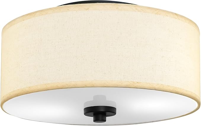2-Light Flush Mount Ceiling Light Fixture, 12” Modern Close to Ceiling Light with Beige Fabric Drum Shade, Round Pendant Light for Bedroom Hallway Living Room Bathroom Dining Kitchen