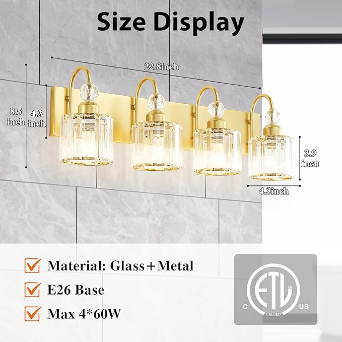 Bathroom Vanity Light Fixtures Over Mirror - Makeup Lighting Pure Gold - for Modern Wall, Bath, Desk, Farmhouse, Hallway - 4 Crystal Lights