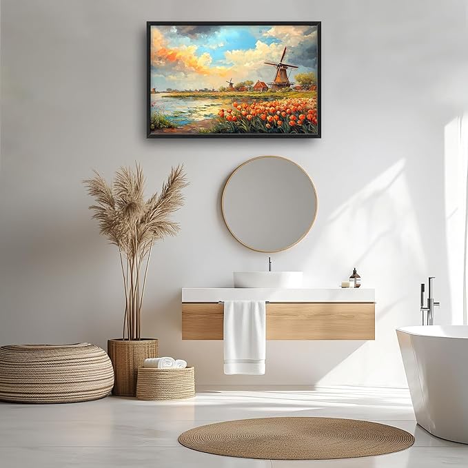 Landscape Framed Wall Art for Living Room, Large Tulips Canvas Wall Decor, Vintage Florals Pictures Painting, Farmhouse Artwork for Bathroom Bedroom 36L'' × 24W''