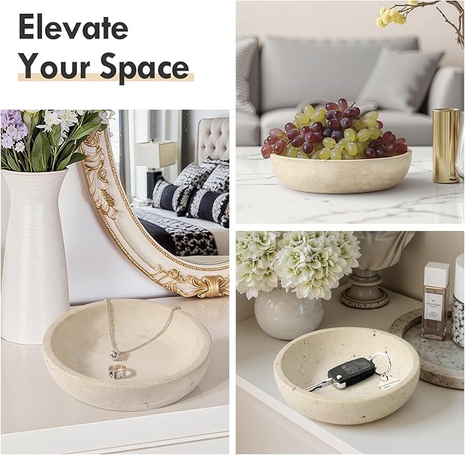 Travertine Decorative Bowl Serving Tray, 7.8" Natural Stone Centerpiece for Dining Table, Round Ottoman Decor, Housewarming Gifts Key Bowl for Entryway Table New Home Apartment Must Haves Essentials