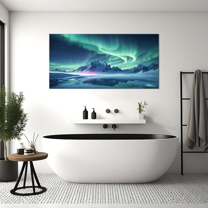ZESTFLICKR Wall Art canvas prints Aurora Snow Mountain Lake photography Picture Modern Wall Art for romantic gifts Living Room Home Office Decor(28x58inch)