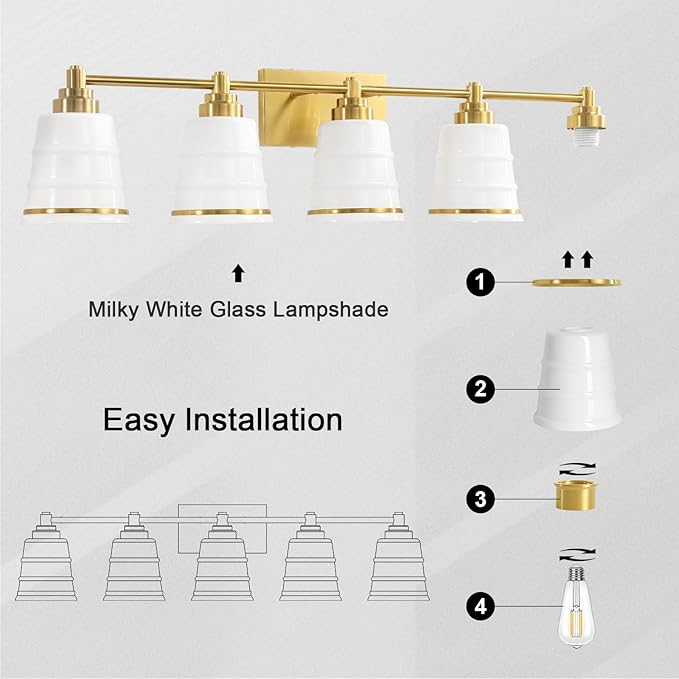 Gold Bathroom Vanity Light Fixture, 5 Light Bathroom Light Fixtures Over Mirror with Milky White Glass and Metal Base Wall Sconce, 37 inch Modern Vanity Light for Bathroom(Exclude E26 Bulb)