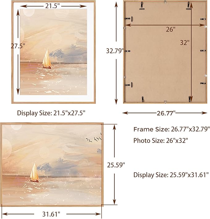 Oak Wood Frame - 26x32 Picture Frame with Tempered Glass & Mat for 22x28 (Natural Oak Color, 1 Pack)