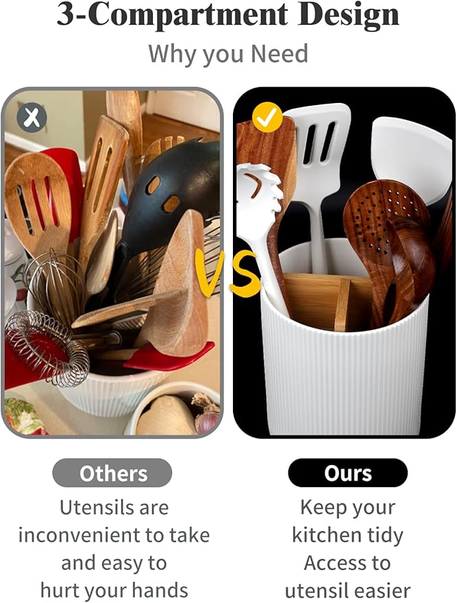 LoeJan 3 Compartment Utensil Holder, Extra Large Utensil Crock, Stable Ceramic Utensil Organizer, Cooking Tool Organizer Set for Kitchen Counter Farmhouse Decor (A-White(Vertical Stripe))