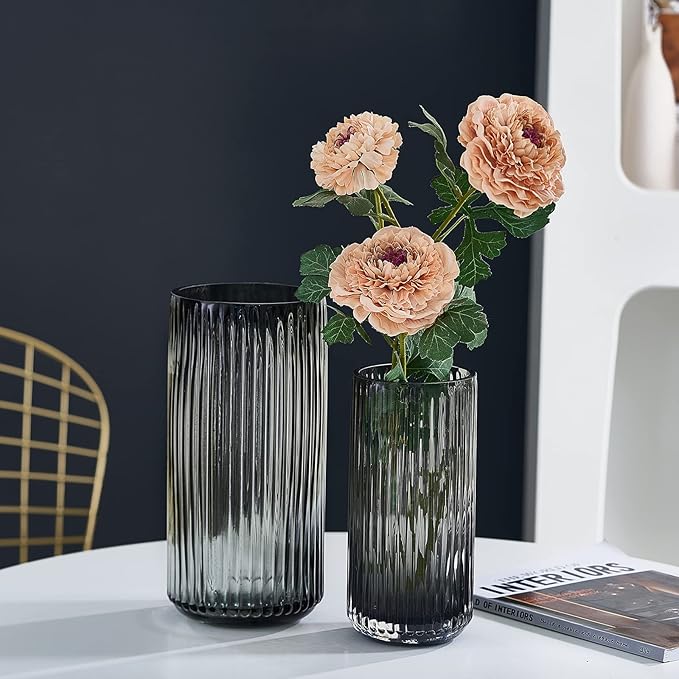 Flower Vase 9.5 inch Grey Thickened Hand Blow Glass Vase Round Vintage Striped Bottles for Bookshelf,Dinner Table,Indoor Office Desktop,Meeting Room,Bathroom,Countertop,Home