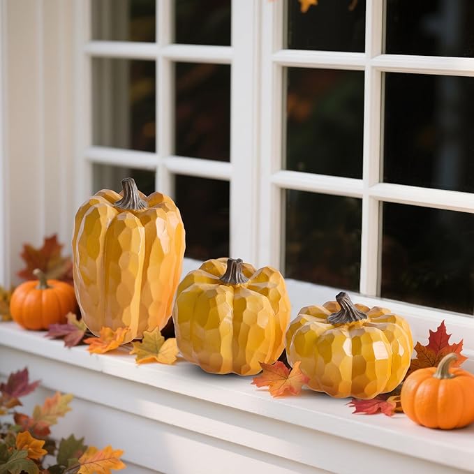winemana Pumpkins Fall Decorations for Home & Thanksgiving- Set of 3 Artificial Pumpkin Centerpiece for Table Runner, Office, Indoor Mantel & Porch, Autumn Harvest Decor (Yellow)