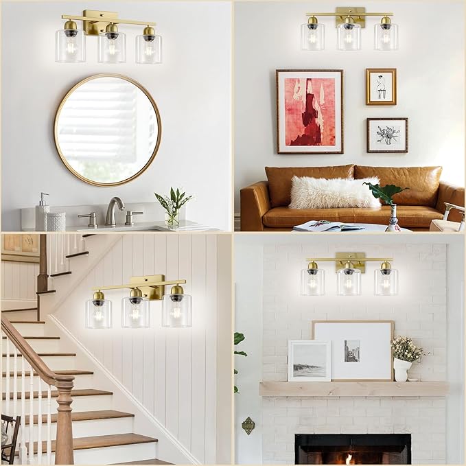 3 Light Gold Bathroom Light Fixtures, Modern Bathroom Vanity Lights with Clear Glass, Gold Vanity Mirror with Lights for Mirror Living Room Bedroom Hallway E26 Base