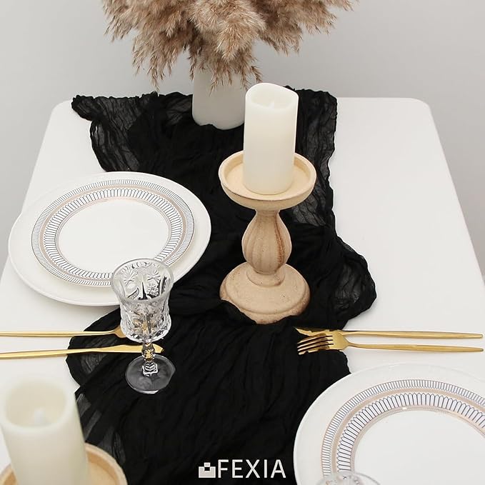FEXIA 10 Pack Black Table Runner 35x120 Inches Gauze Rustic Gothic Farmhouse Decor for Halloween Thanksgiving Funeral First Communion Centerpiece Table Decorations (Black)