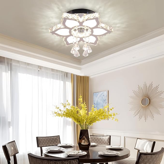 FRIXCHUR 13.4" Crystal Chandelier Crystal Ceiling Light Modern LED Flush Mount Chandeliers Light Fixture Flower Shape Ceiling Lamp for Bedrooms Living Dining Room 2700K/4000K/6500K Changeable Color