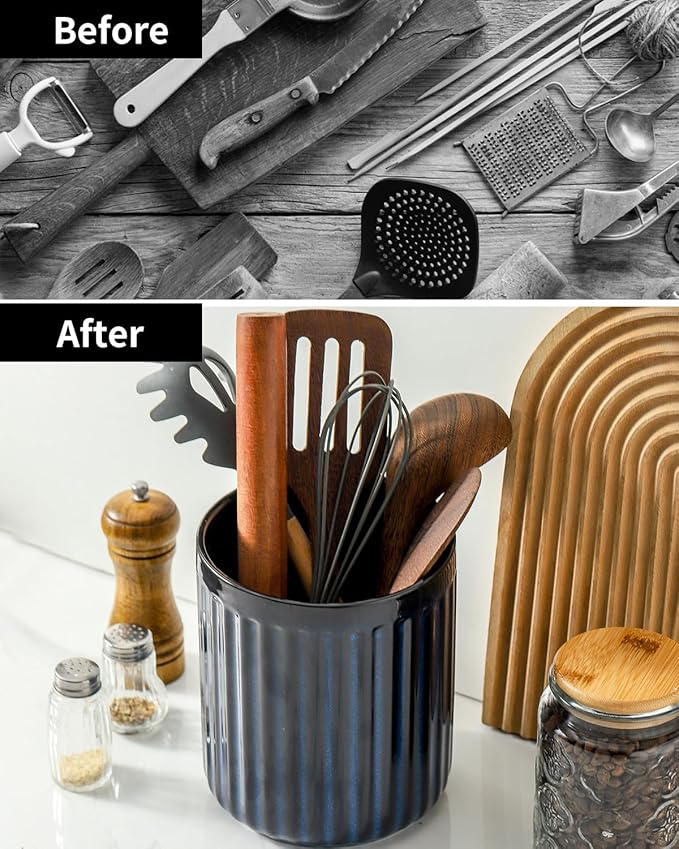 Hasense Cooking Utensil Holder, 7.3" + 5.7" - Large Utensil Crock for Farmhouse Kitchen Decor, Spatula Storage Organizer, Set of 2, Navy Blue