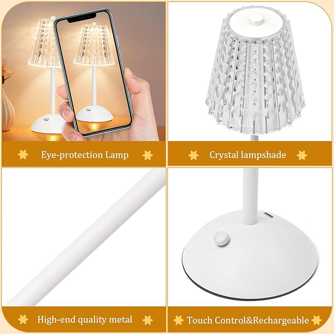 Cordless Touch Table Lamp, LED Rechargeable Small Dask Lamp, 3 Colors Dimmable Battery Operated Crysta Lamp for Bedroom Restaurant Kitchen Home Decor, White
