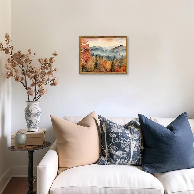 KBKBART Framed Vintage Wall Art for Living Room, Retro Autumn Watercolor Country Landscape Canvas Fall Wall Art Painting Farmhouse Bedroom Decor, Rustic Vintage Wall Decor (9"x11")