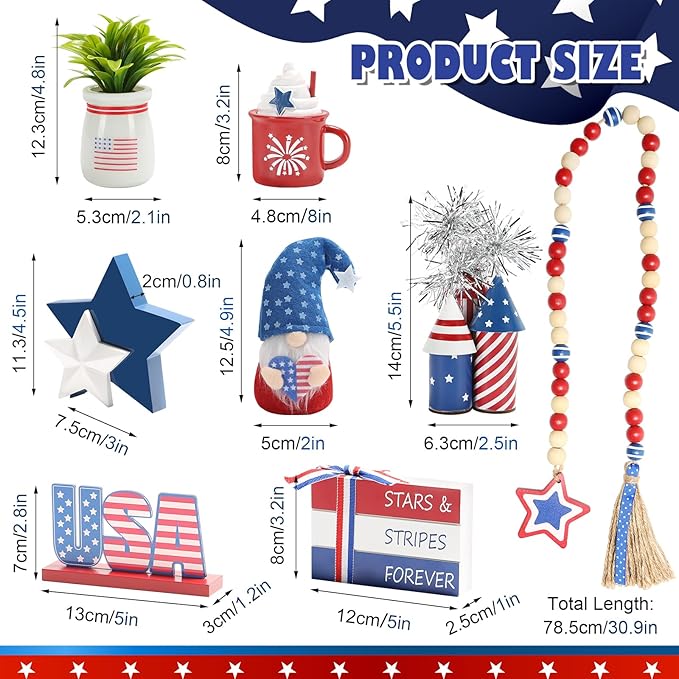 4th of July Decorations, Memorial Day Decorations, Independence Day Patriotic Tiered Tray Decor Set, 8 Pieces Fourth of July Centerpieces for Home Office Table Shelf, Red White and Blue Decorations