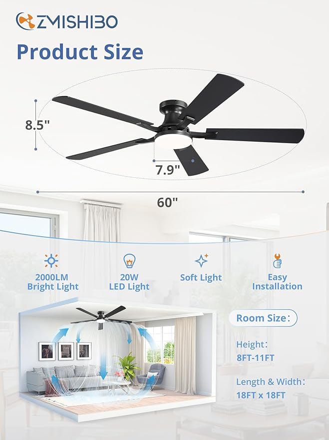 ZMISHIBO 60 Inch Ceiling Fan with Light, App&Remote Control, Flush Mount Low Profile, Dimmable 20W LED Light, Quiet Reversible Motor for Bedroom, Living Room, Apartment, Black
